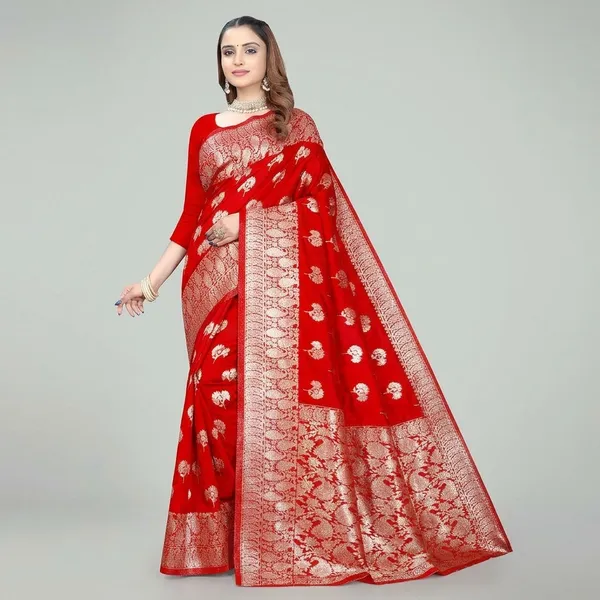 Red_Silk_And_Polyester_Saree_With_Blouse_Piece_For_Women
