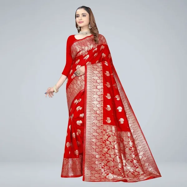 Red_Silk_And_Polyester_Saree_With_Blouse_Piece_For_Women