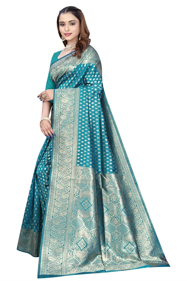 Teal_Blue_Silk_And_Polyester_Saree_With_Blouse_Piece_For_Women