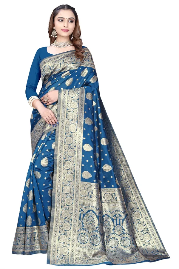 Blue_Silk_And_Polyester_Saree_With_Blouse_Piece_For_Women