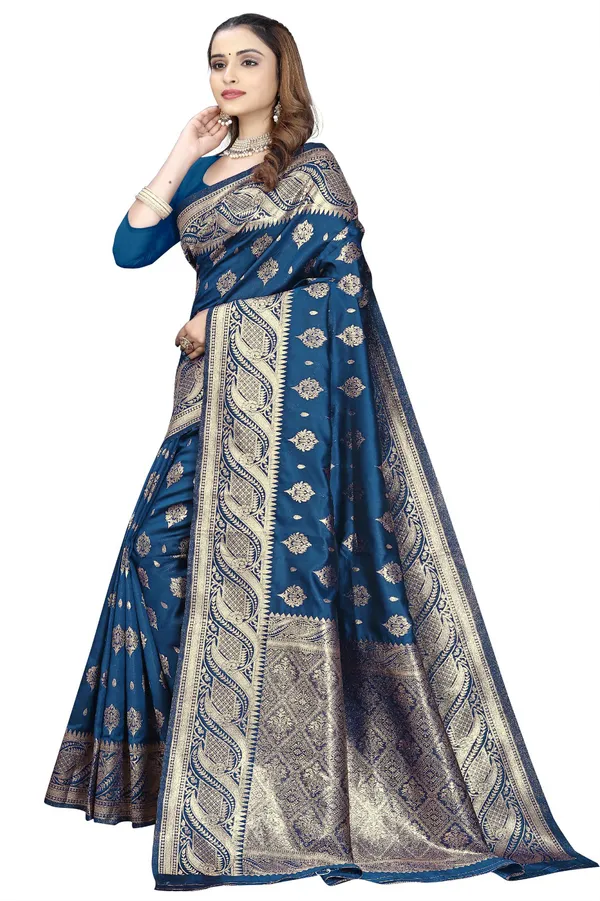 Blue_Silk_And_Polyester_Saree_With_Blouse_Piece_For_Women