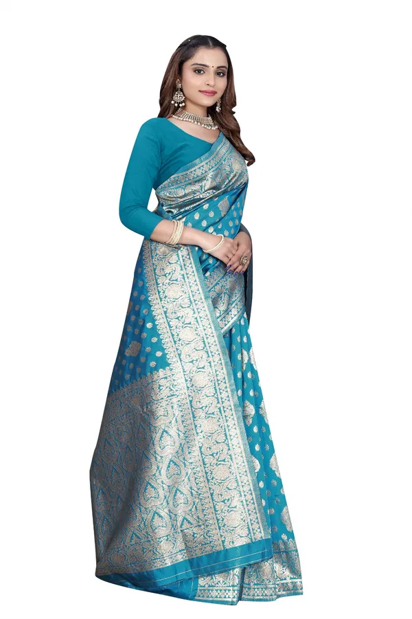 Turquoise_Blue_Silk_And_Polyester_Saree_With_Blouse_Piece_For_Women