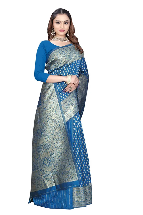 Blue_Silk_And_Polyester_Saree_With_Blouse_Piece_For_Women