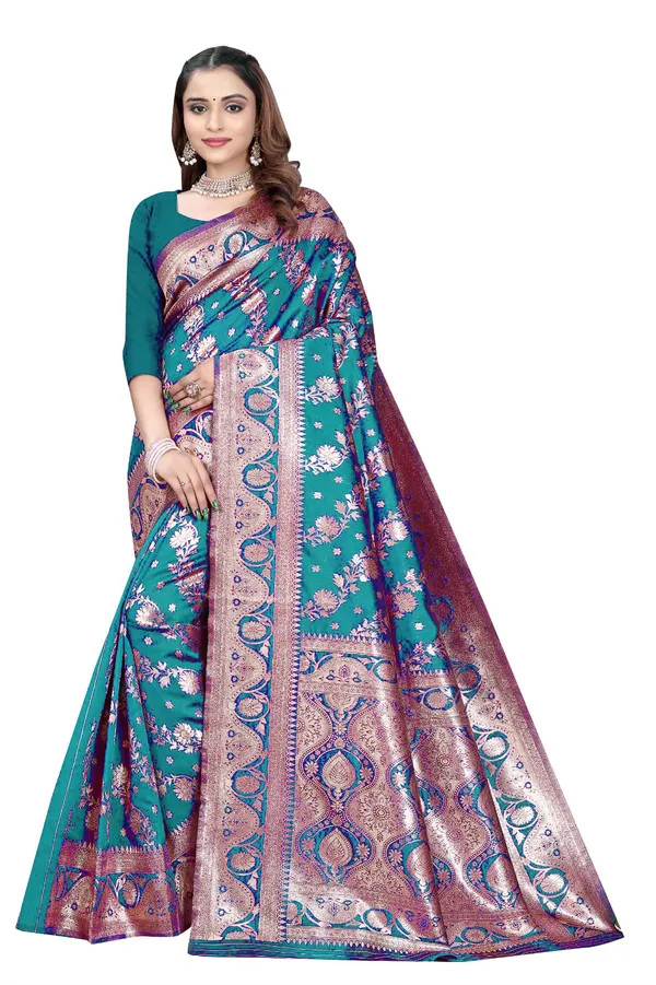 Teal_Blue_Silk_And_Polyester_Saree_With_Blouse_Piece_For_Women