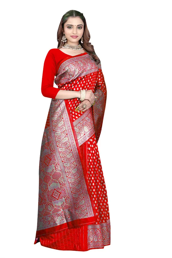 Red_Silk_And_Polyester_Saree_With_Blouse_Piece_For_Women