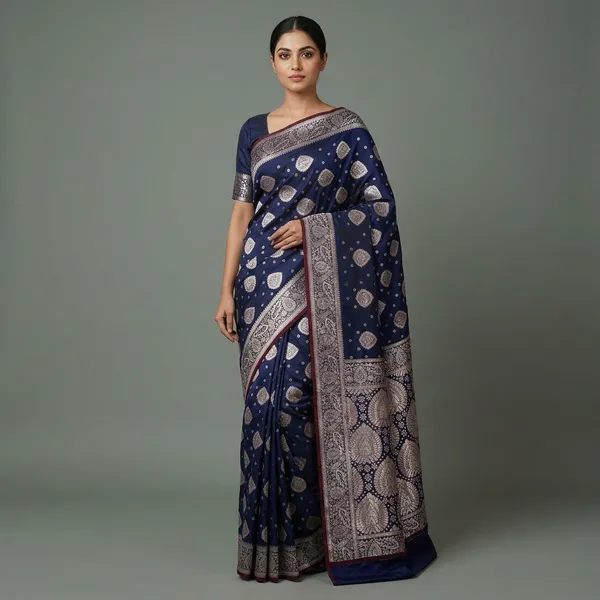 Navy_Blue_Silk_And_Polyester_Saree_With_Blouse_Piece_For_Women