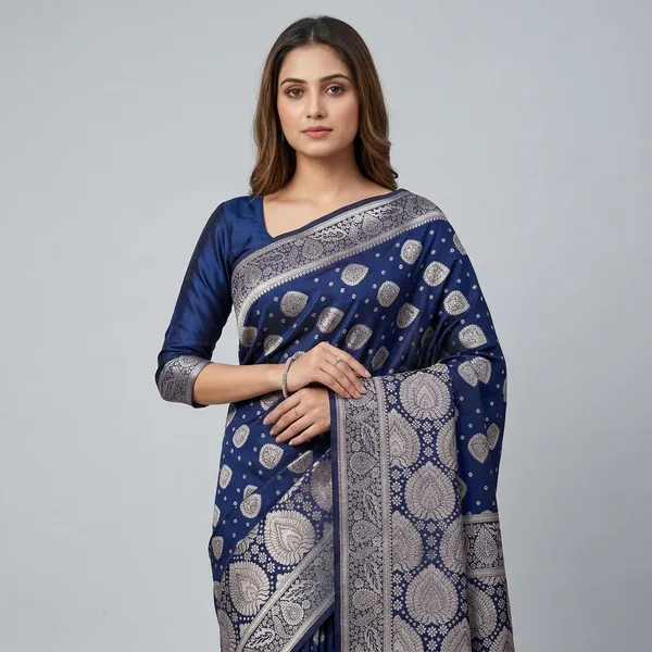 Navy_Blue_Silk_And_Polyester_Saree_With_Blouse_Piece_For_Women