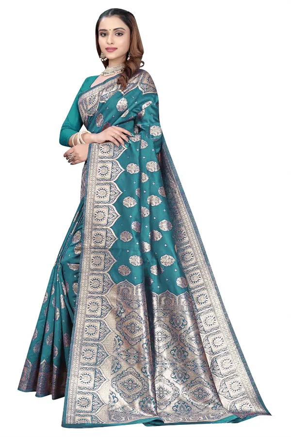 Teal_Blue_Silk_And_Polyester_Saree_With_Blouse_Piece_For_Women
