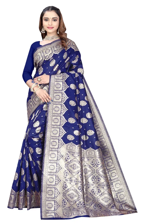 Blue_Silk_And_Polyester_Saree_With_Blouse_Piece_For_Women
