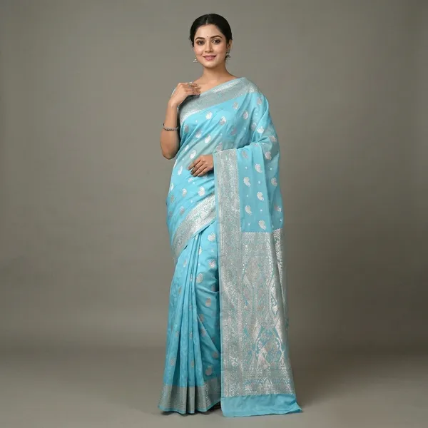 Sky_Blue_Silk_And_Polyester_Saree_With_Blouse_Piece_For_Women