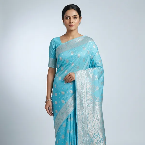 Sky_Blue_Silk_And_Polyester_Saree_With_Blouse_Piece_For_Women