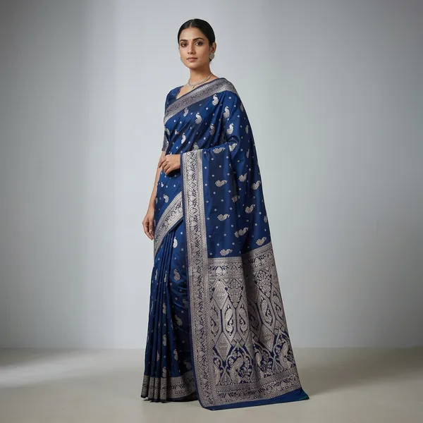 Navy_Blue_Silk_And_Polyester_Saree_With_Blouse_Piece_For_Women