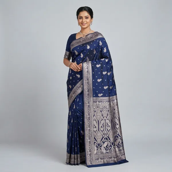 Navy_Blue_Silk_And_Polyester_Saree_With_Blouse_Piece_For_Women