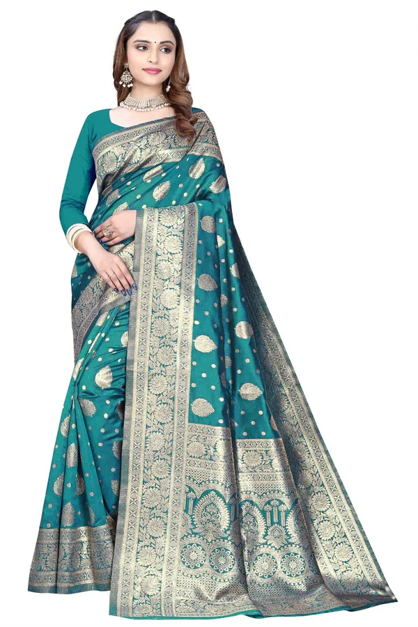 Teal_Silk_And_Polyester_Saree_With_Blouse_Piece_For_Women