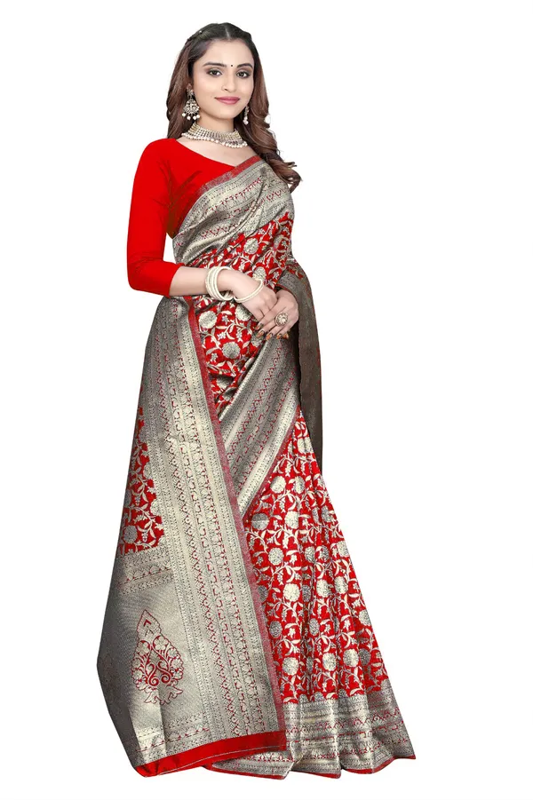 Red_Silk_And_Polyester_Saree_With_Blouse_Piece_For_Women