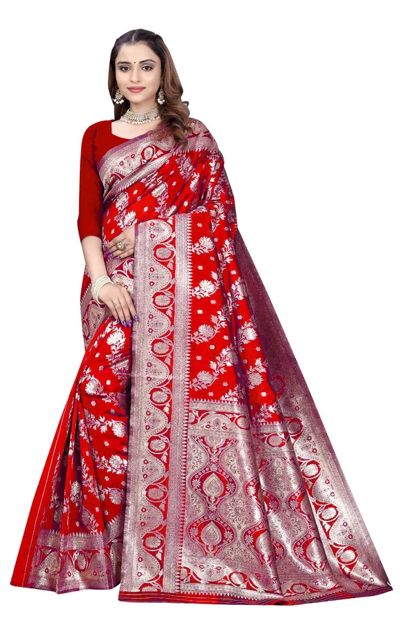 Red_Silk_And_Polyester_Saree_With_Blouse_Piece_For_Women