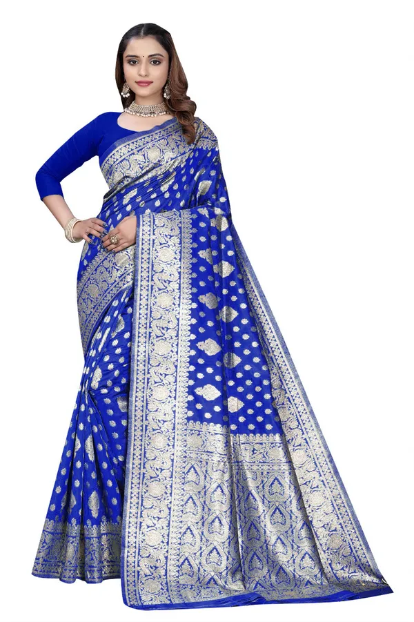 Royal_Blue_Silk_And_Polyester_Saree_With_Blouse_Piece_For_Women