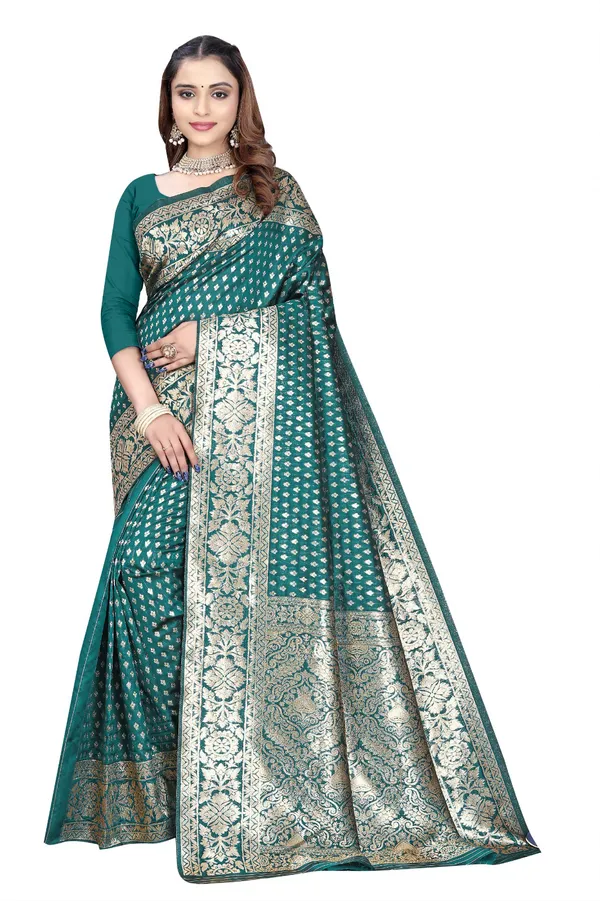 Teal_Silk_And_Polyester_Saree_With_Blouse_Piece_For_Women