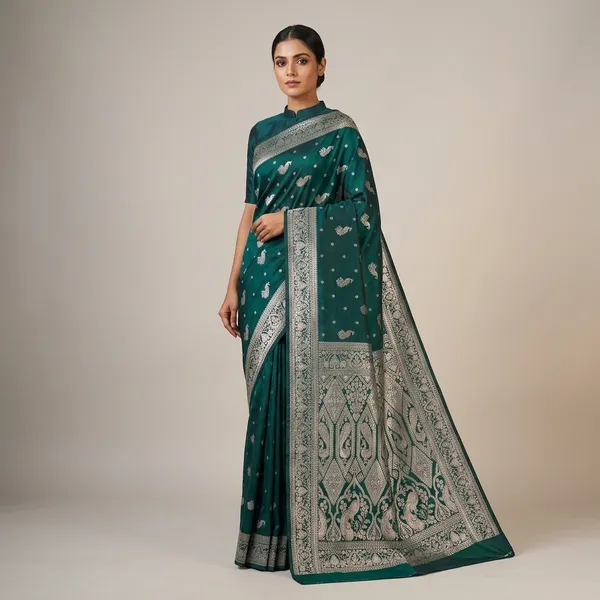 Green_Silk_And_Polyester_Saree_With_Blouse_Piece_For_Women