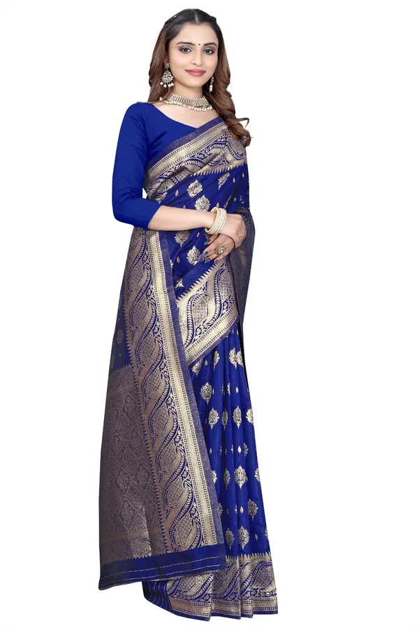 Royal_Blue_Silk_And_Polyester_Saree_With_Blouse_Piece_For_Women