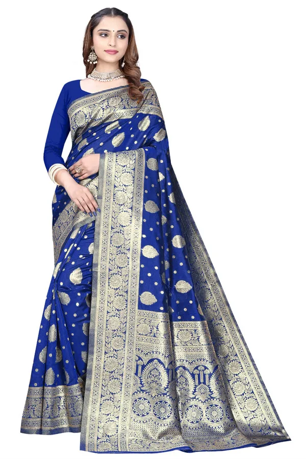Blue_Silk_And_Polyester_Saree_With_Blouse_Piece_For_Women