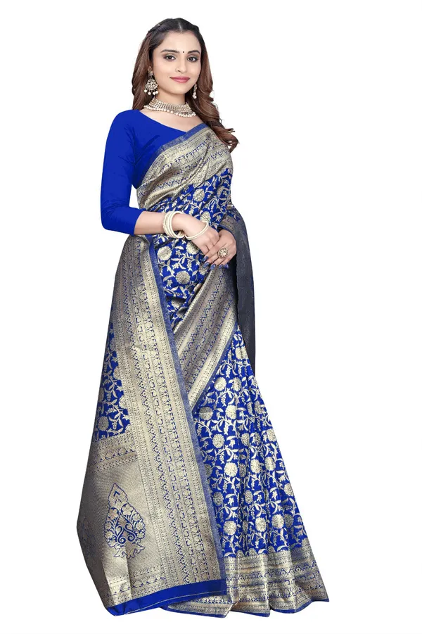 Blue_Silk_And_Polyester_Saree_With_Blouse_Piece_For_Women