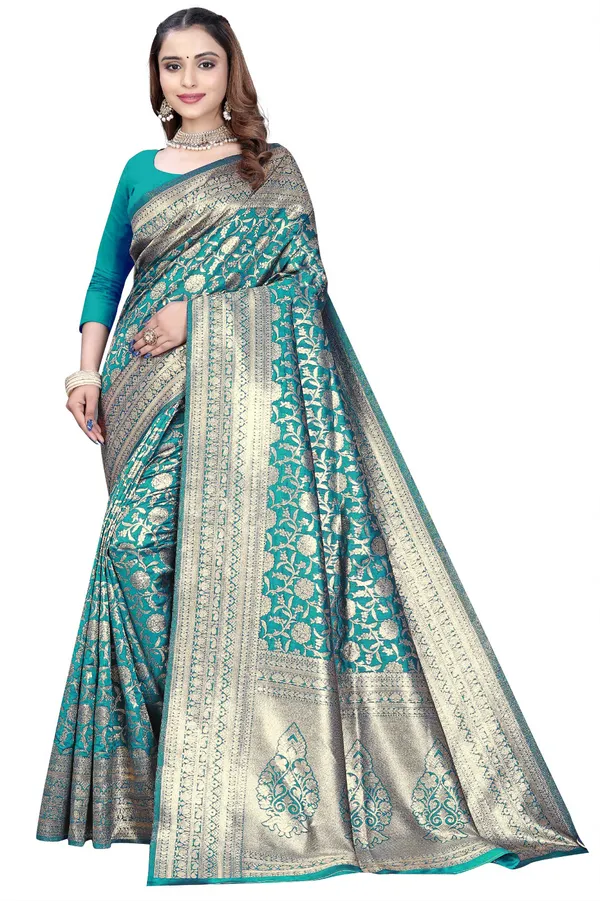 Teal_Blue_Silk_And_Polyester_Saree_With_Blouse_Piece_For_Women