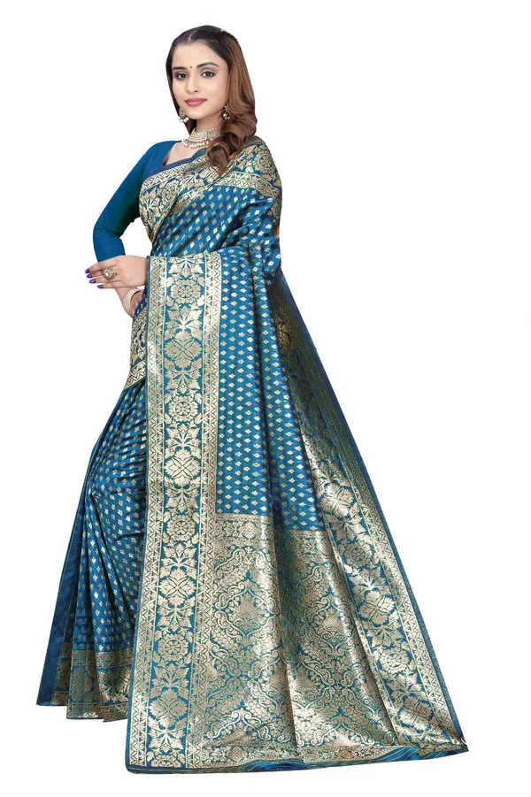 Blue_Silk_And_Polyester_Saree_With_Blouse_Piece_For_Women