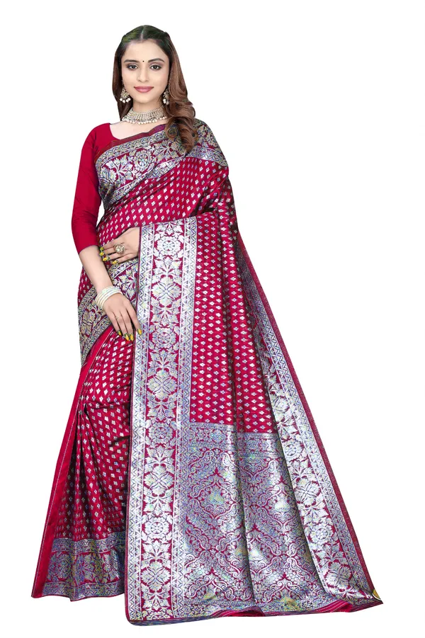 Red_Silk_And_Polyester_Saree_With_Blouse_Piece_For_Women