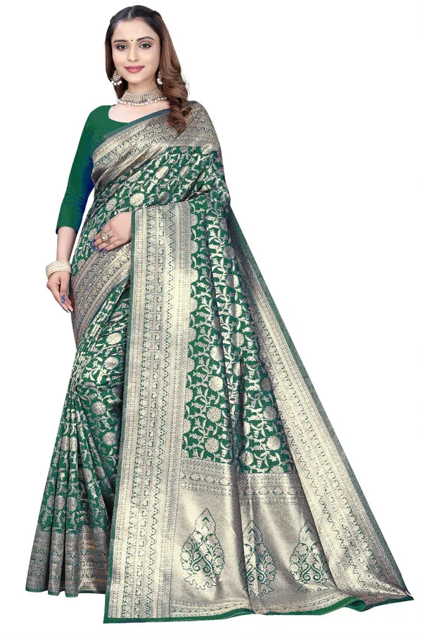 Green_Silk_And_Polyester_Saree_With_Blouse_Piece_For_Women
