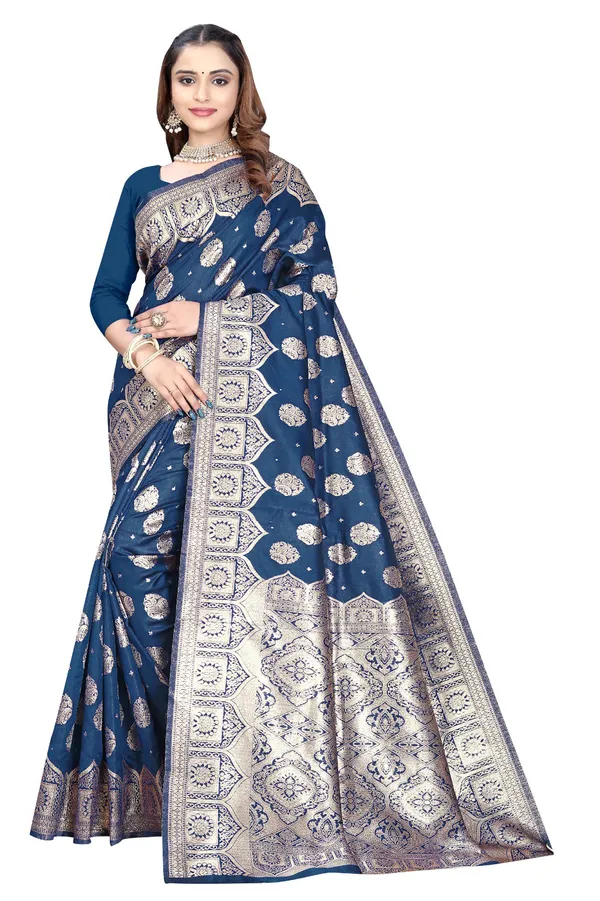 Navy_Blue_Silk_And_Polyester_Saree_With_Blouse_Piece_For_Women