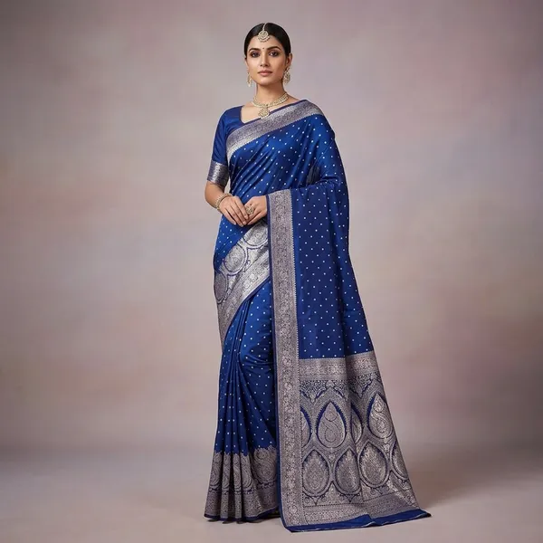 Blue_Silk_And_Polyester_Saree_With_Blouse_Piece_For_Women
