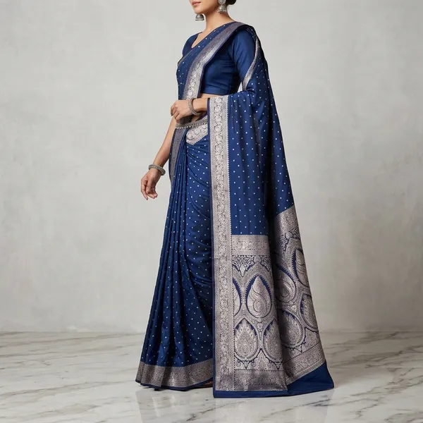 Blue_Silk_And_Polyester_Saree_With_Blouse_Piece_For_Women