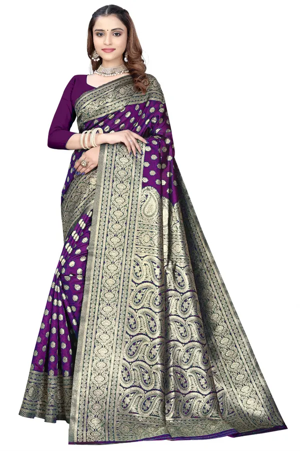 Purple_Silk_And_Polyester_Saree_With_Blouse_Piece_For_Women