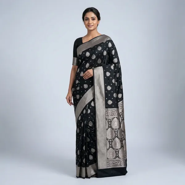 Black_Silk_And_Polyester_Saree_With_Blouse_Piece_For_Women