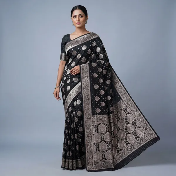 Black_Silk_And_Polyester_Saree_With_Blouse_Piece_For_Women