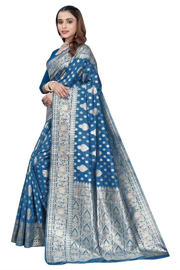 Blue_Silk_And_Polyester_Saree_With_Blouse_Piece_For_Women