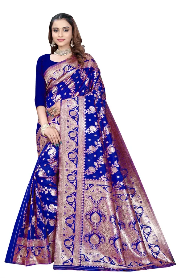 Blue_Silk_And_Polyester_Saree_With_Blouse_Piece_For_Women