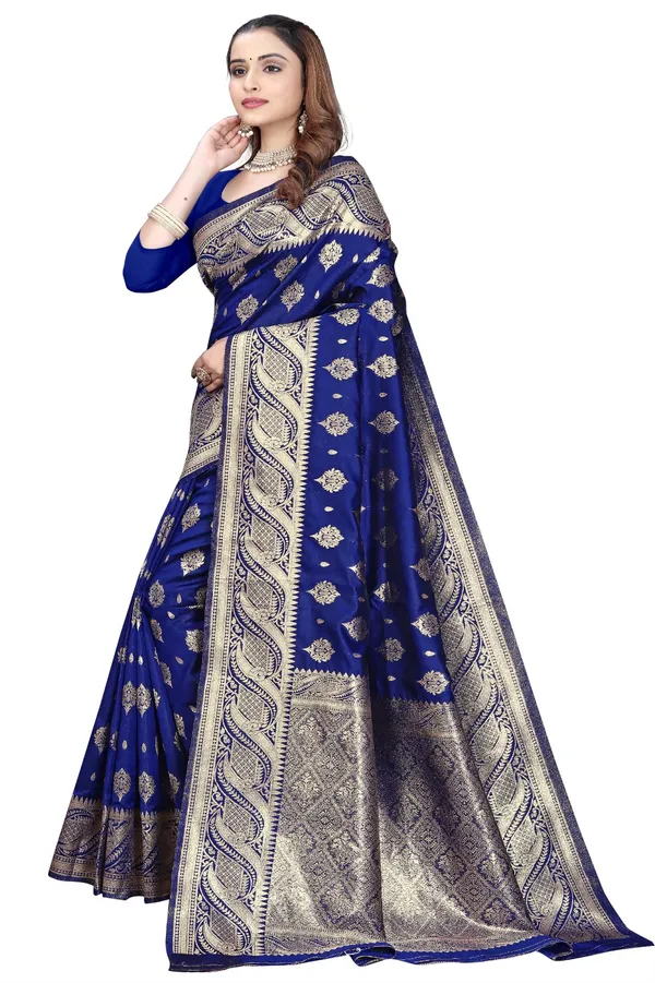 Blue_Silk_And_Polyester_Saree_With_Blouse_Piece_For_Women