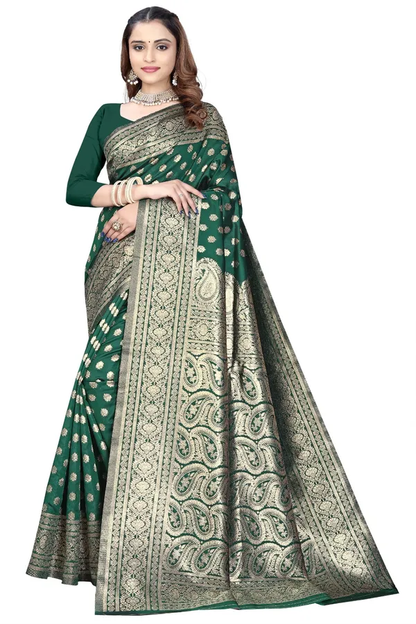 Green_Silk_And_Polyester_Saree_With_Blouse_Piece_For_Women