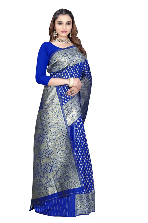 Royal_Blue_Silk_And_Polyester_Saree_With_Blouse_Piece_For_Women