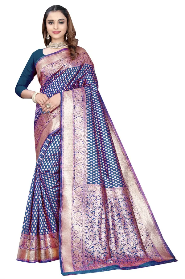 Blue_Silk_And_Polyester_Saree_With_Blouse_Piece_For_Women