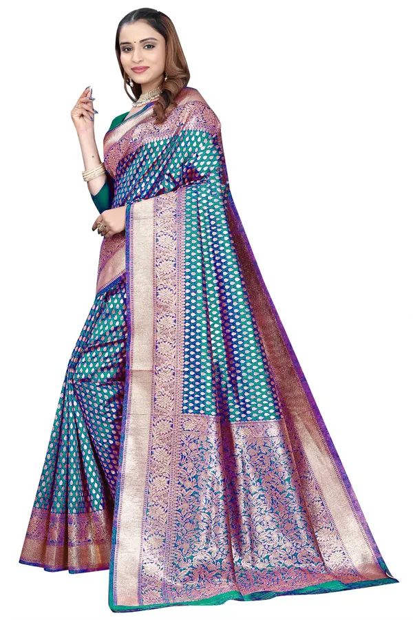 Blue_Silk_And_Polyester_Saree_With_Blouse_Piece_For_Women