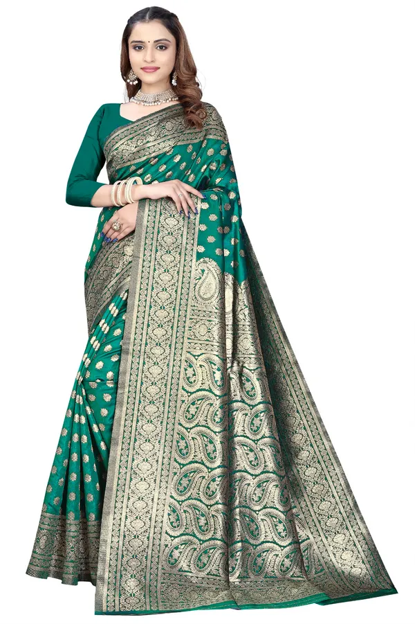 Green_Silk_And_Polyester_Saree_With_Blouse_Piece_For_Women