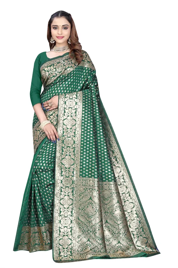 Green_Silk_And_Polyester_Saree_With_Blouse_Piece_For_Women