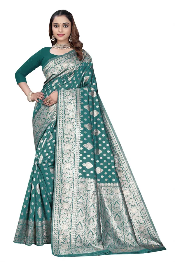 Teal_Silk_And_Polyester_Saree_With_Blouse_Piece_For_Women