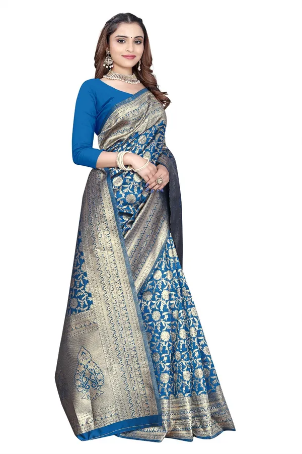 Blue_Silk_And_Polyester_Saree_With_Blouse_Piece_For_Women