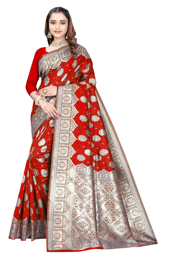 Red_Silk_And_Polyester_Saree_With_Blouse_Piece_For_Women