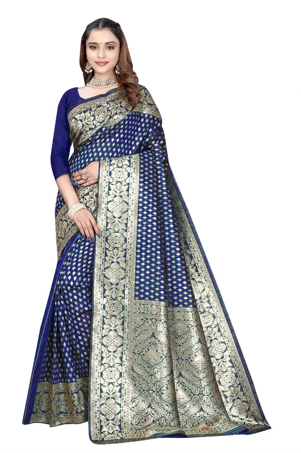 Navy_Blue_Silk_And_Polyester_Saree_With_Blouse_Piece_For_Women