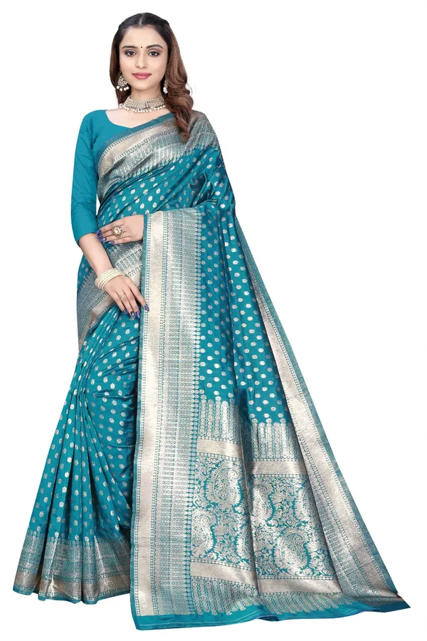 Turquoise_Silk_And_Polyester_Saree_With_Blouse_Piece_For_Women